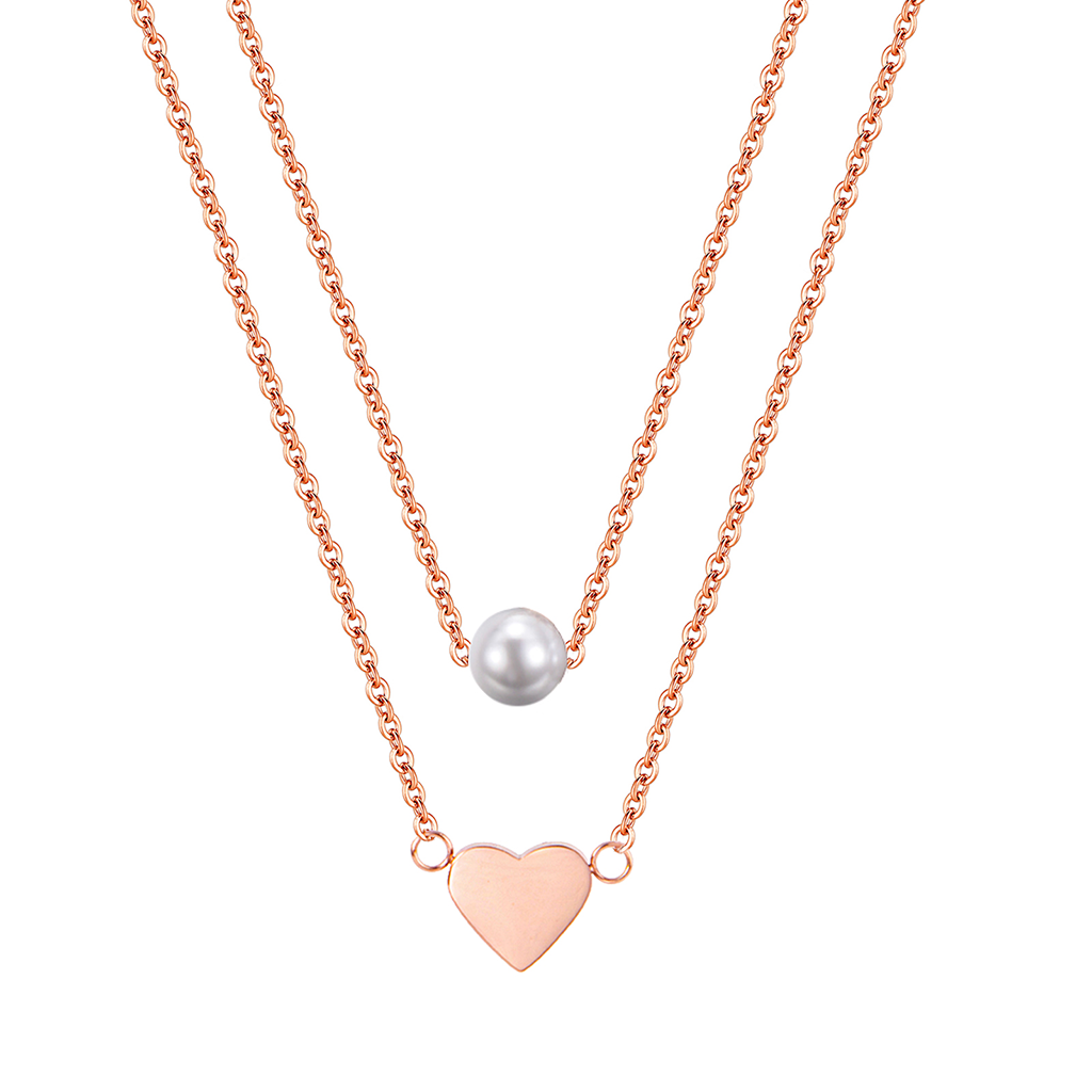 HEART AND PEARL LAYERED NECKLACE ROSE GOLD - Dreizack
