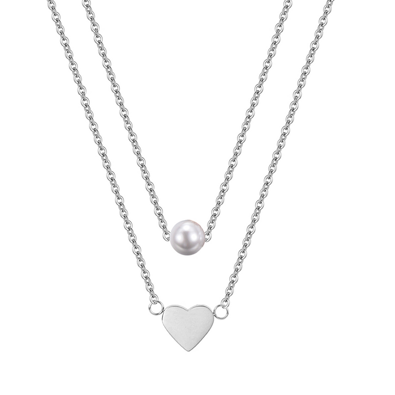 HEART AND PEARL LAYERED NECKLACE SILVER - Dreizack