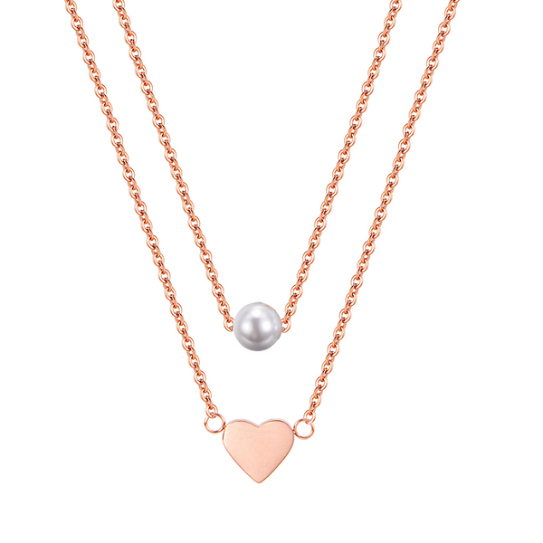 HEART AND PEARL LAYERED NECKLACE ROSE GOLD - Dreizack